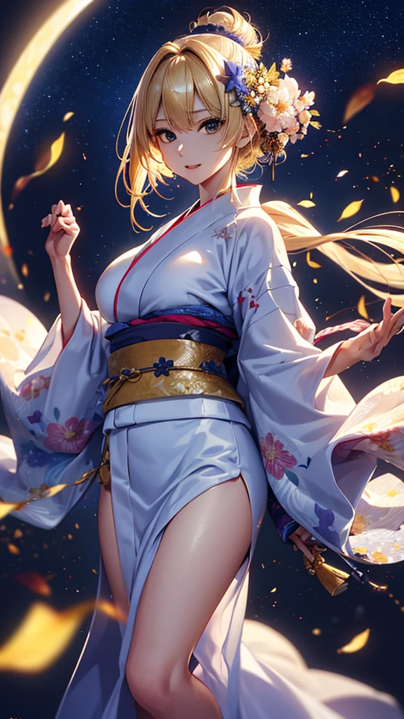 masterpiece, high quality, 4K, Beautiful design, silhouette，blonde， 非常に詳細な夜のStarry Sky,Flower Field， wonderful, Finer details,  Very knowledgeable woman, Highly detailed solo, 1 female,Big Breasts，Yukata in white color，Underwear Line，Night view，Starry Sky，full moon，
