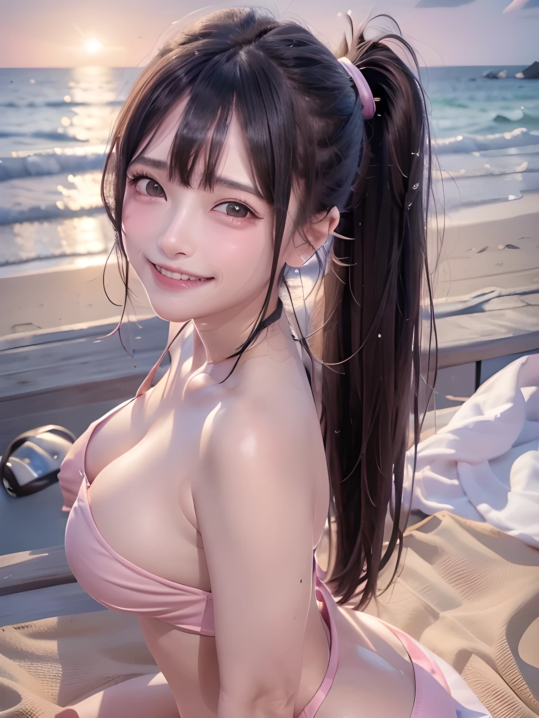 highest quality、Ultra-high resolution、1 daughter、Extremely clear and detailed skin、Detailed face、Detailed eyes、(smile:1.6)、Model Body Type、Well-trained proportions、Long Hair、Black Hair、Hair tucked behind ear、ponytail、Sexy Swimwear、Light pink T-back、Realistic、Horizon Sea、night、Moonlight、Professional Lighting、Playing on the sandy beach、With your back to the viewer