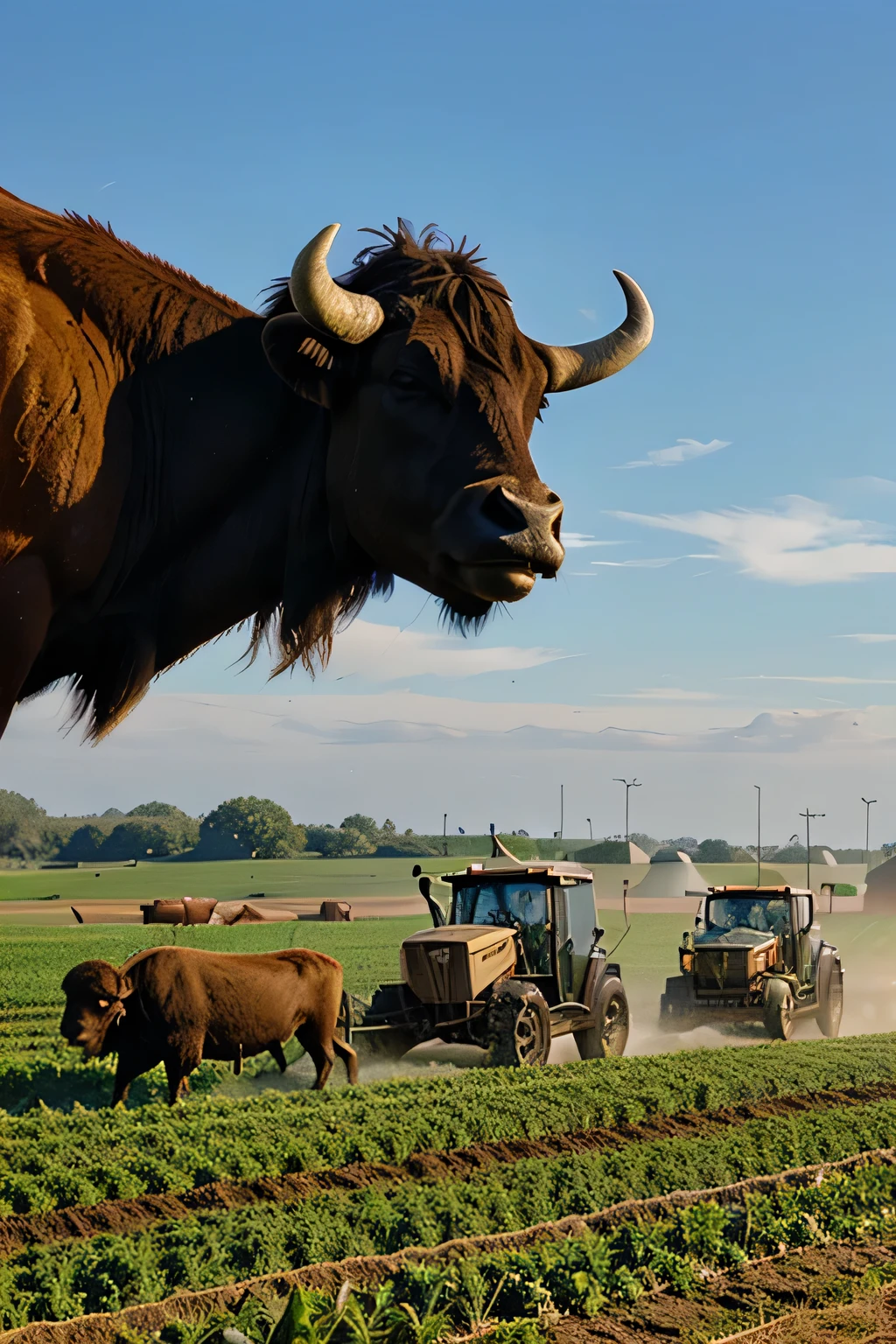 Farmers plowing fields with buffaloes