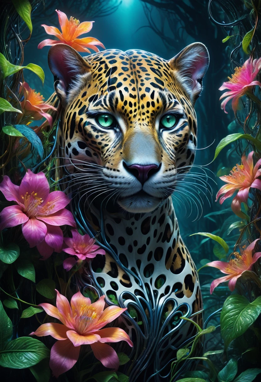 Neon Nature. Photorealistic full-body portrait masterpiece of a mysterious jaguar, a fusion of floral and mechanical elements, wandering through an enchanted forest of bioluminescent trees and glowing plants. This unique jaguar has a perfect body, covered in lush filigree foliage and radiant eyes that emit a soft, mesmerizing light. It explores the surreal landscape, a realm where nature and technology coexist harmoniously. Delicate flowers intertwined with polished metal vines form a fascinating, intricate pattern on the creature's skin. Art by Roger Dean, Josephine Wall, H.R. Giger, and Daniel Lieske. Cinematic high-quality photo, vibrant neon colors. High definition, UHD 4k wallpaper.