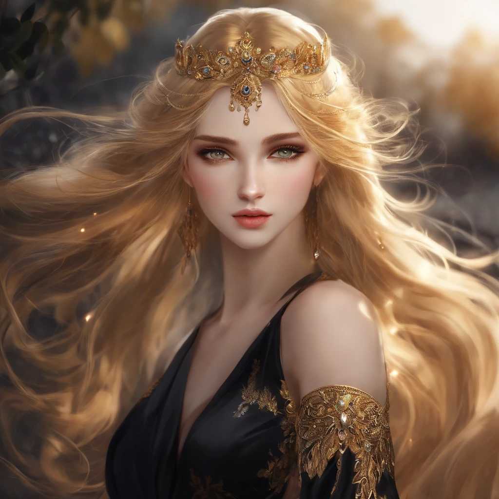 Golden hair, golden and silver eyes, beautiful black dress, anime