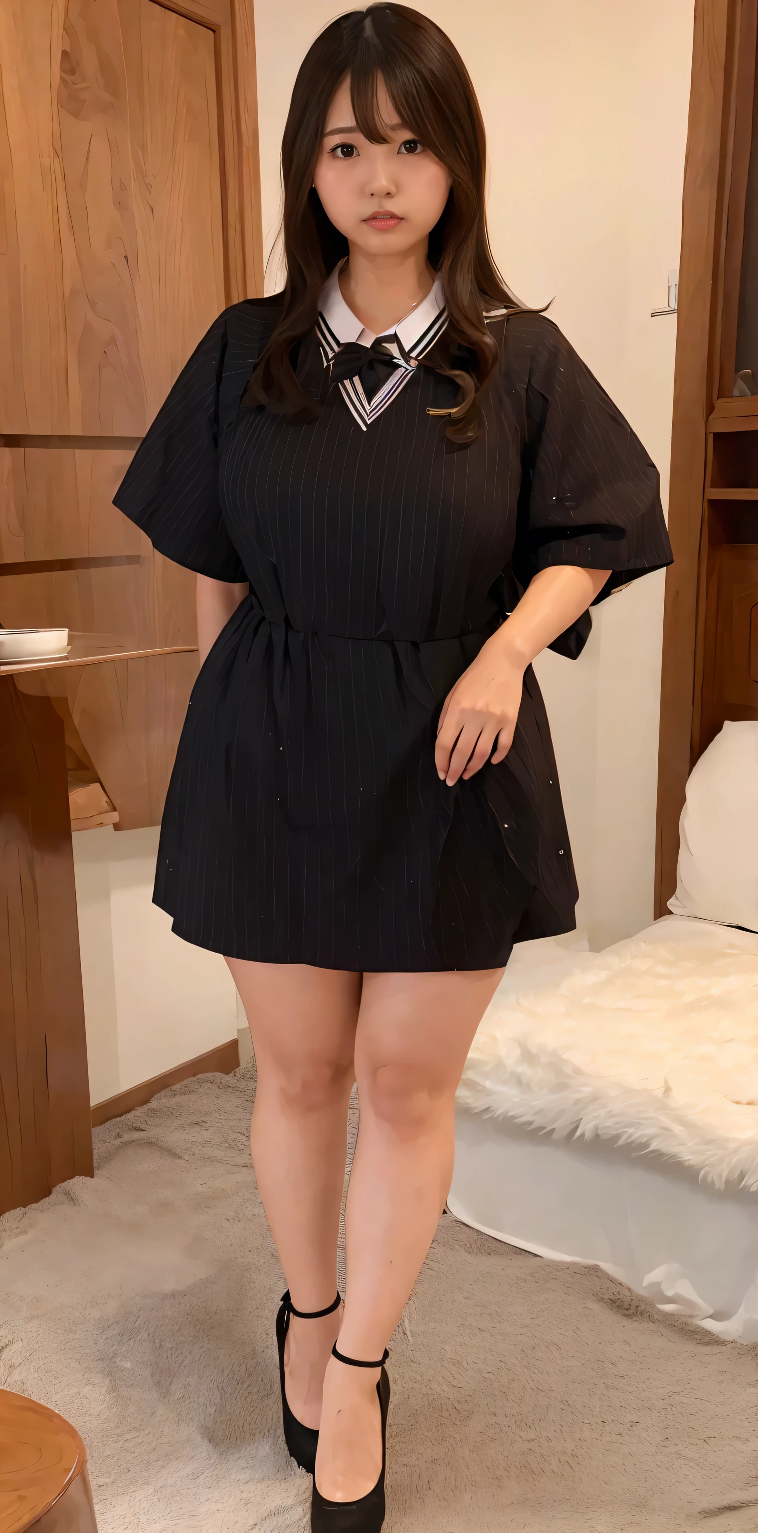 Japanese maid, Mature Woman, ((Slightly thicker, Round face, About 40)),  Wavy black hair with no bangs, Long Hair, Flashy makeup, Fuller lips, Sexy Gaze, uniform, ((dressing)), Looking into the camera, Low angle shooting, Cute duck mouth,((Extremely precise and accurate anatomy)),  (masterpiece:1.43), Perfect balance, Realistic photos, Full Shot, whole body, (height: 148cm), High heels Has two legs,Has two arms、Has two legs, You need two arms)) 
