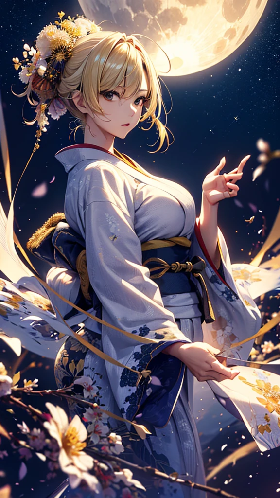 masterpiece, high quality, 4K, Beautiful design, silhouette,blonde, 非常に詳細な夜のStarry Sky,Flower Field, wonderful, Finer details, Very knowledgeable woman, Highly detailed solo, 1 female,Big Breasts,Yukata in white color,Night view,Starry Sky,full moon,