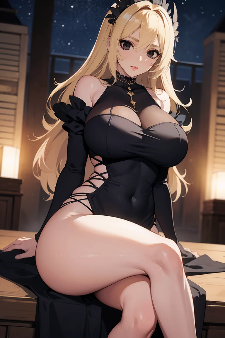 (Uhd, Masterpiece, Textured Skin, Super Detail, High Details, High Quality, Best Quality), Detailed Face, 1woman, mature pretty woman:1.5, ((Wide hips, thick thighs, massive huge breasts)), Blonde hair tied up, (Black fabulous dress), (Huge Body), (Sitting inside a jacuzzi, mansion, night)