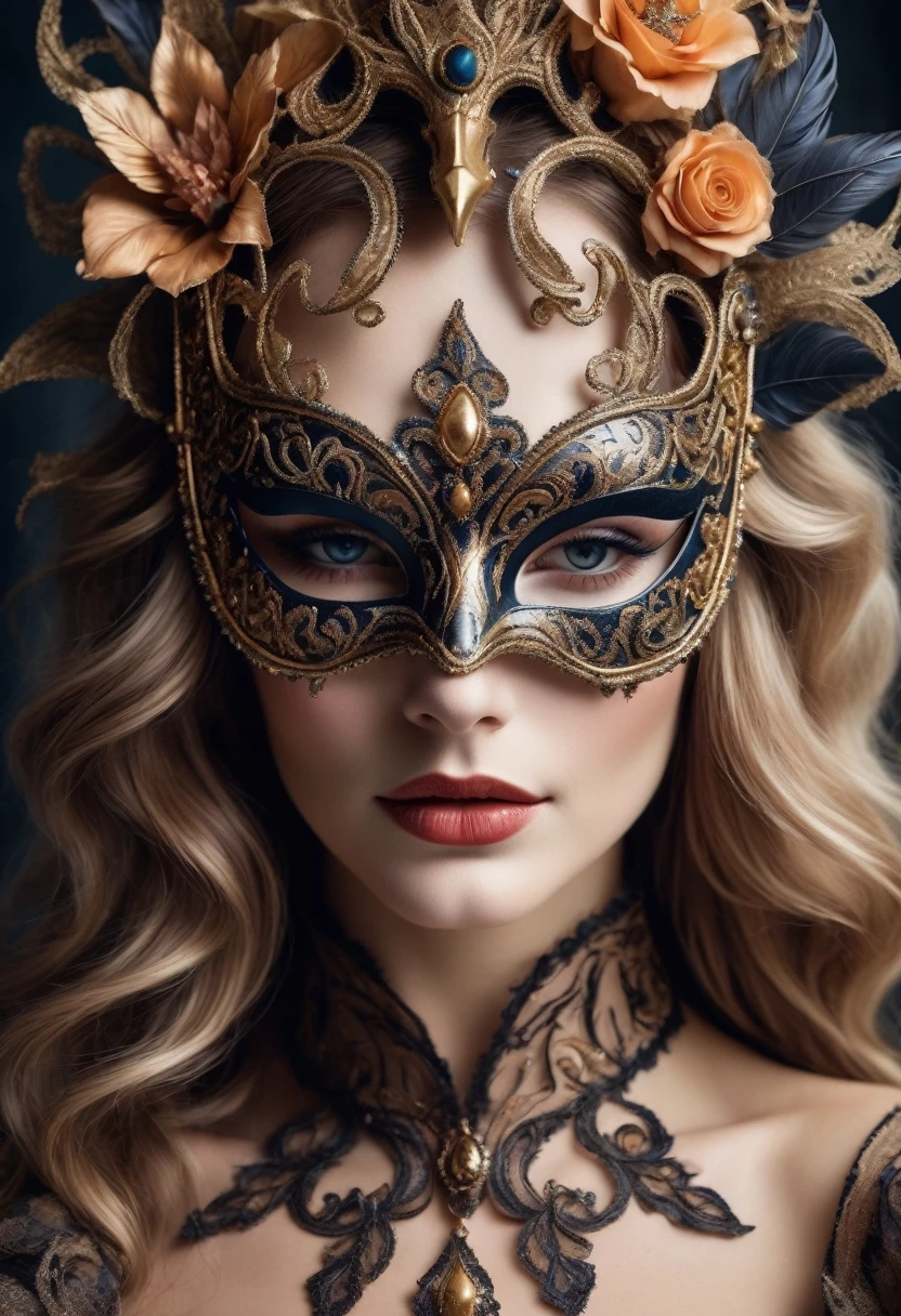Portrait of a woman in a richly decorated masquerade mask. the mask has high detail and elegant style. the design creates an atmosphere of mystery, fantasy, and magic.