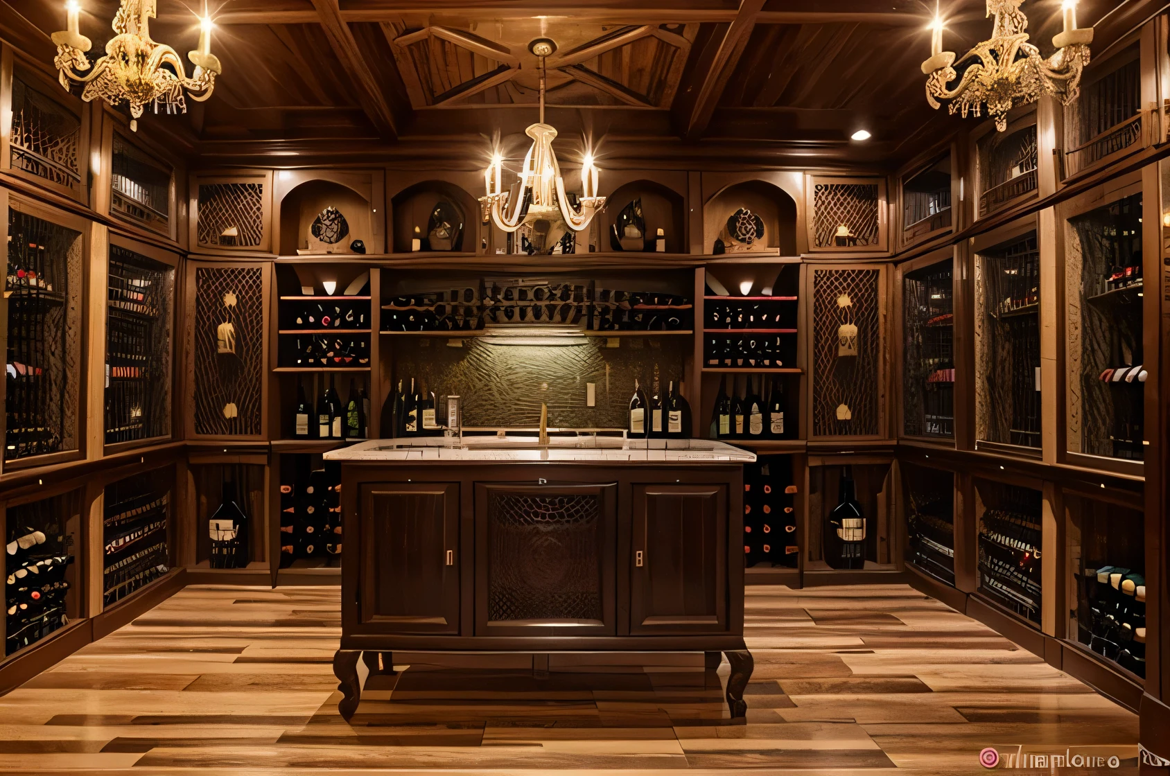 wine cellar under the villa, ốp kín gỗ thông xung quanh, Surrounded by wooden cabinets for wine storage, Use chandeliers, Hang a deer head on the decorative wall, painted in vintage colors, Classic European lines, trần hình tròn, The walls are all covered with pine wood, sàn bằng gỗ, domed cabinet, There are wine drums
