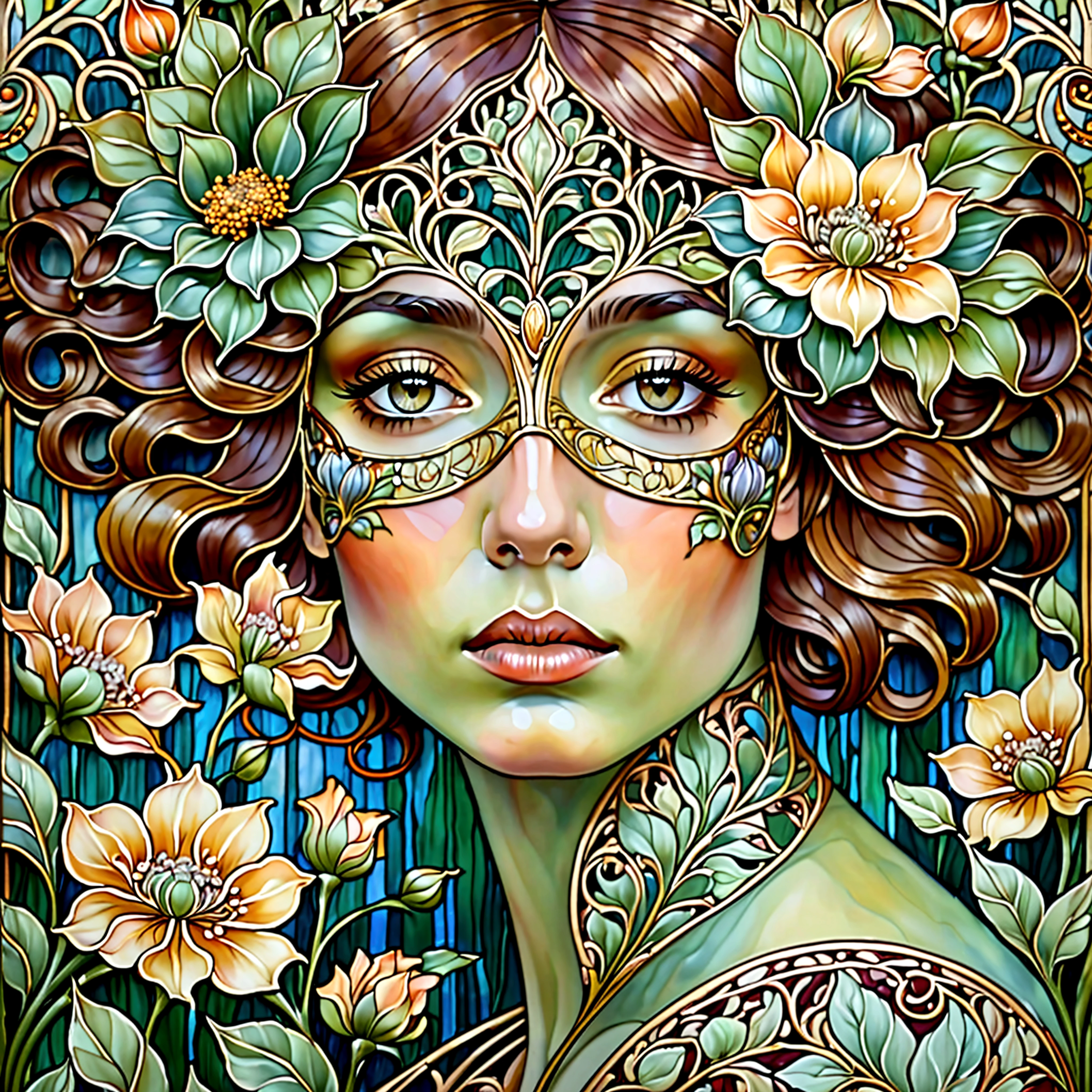 Painting of a woman with a mask and flowers in her hair - SeaArt AI