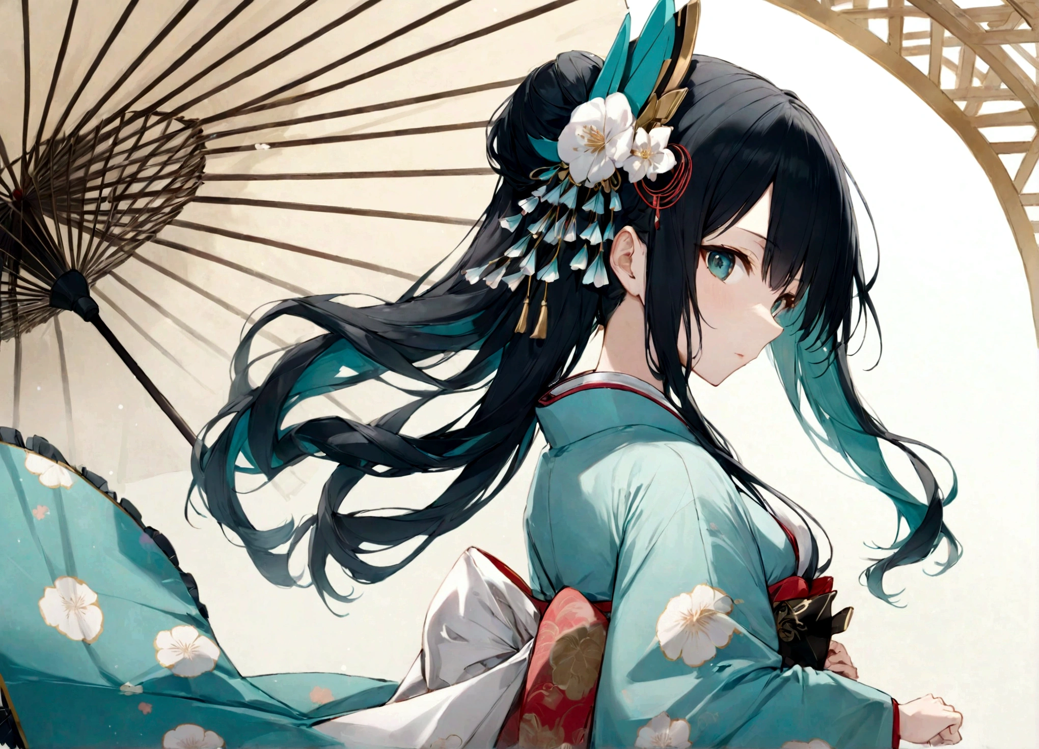 A woman in a blue kimono holding a parasol。Heian period。Standing with your back turned。Angle from the back。Hatsune Miku with black hair。