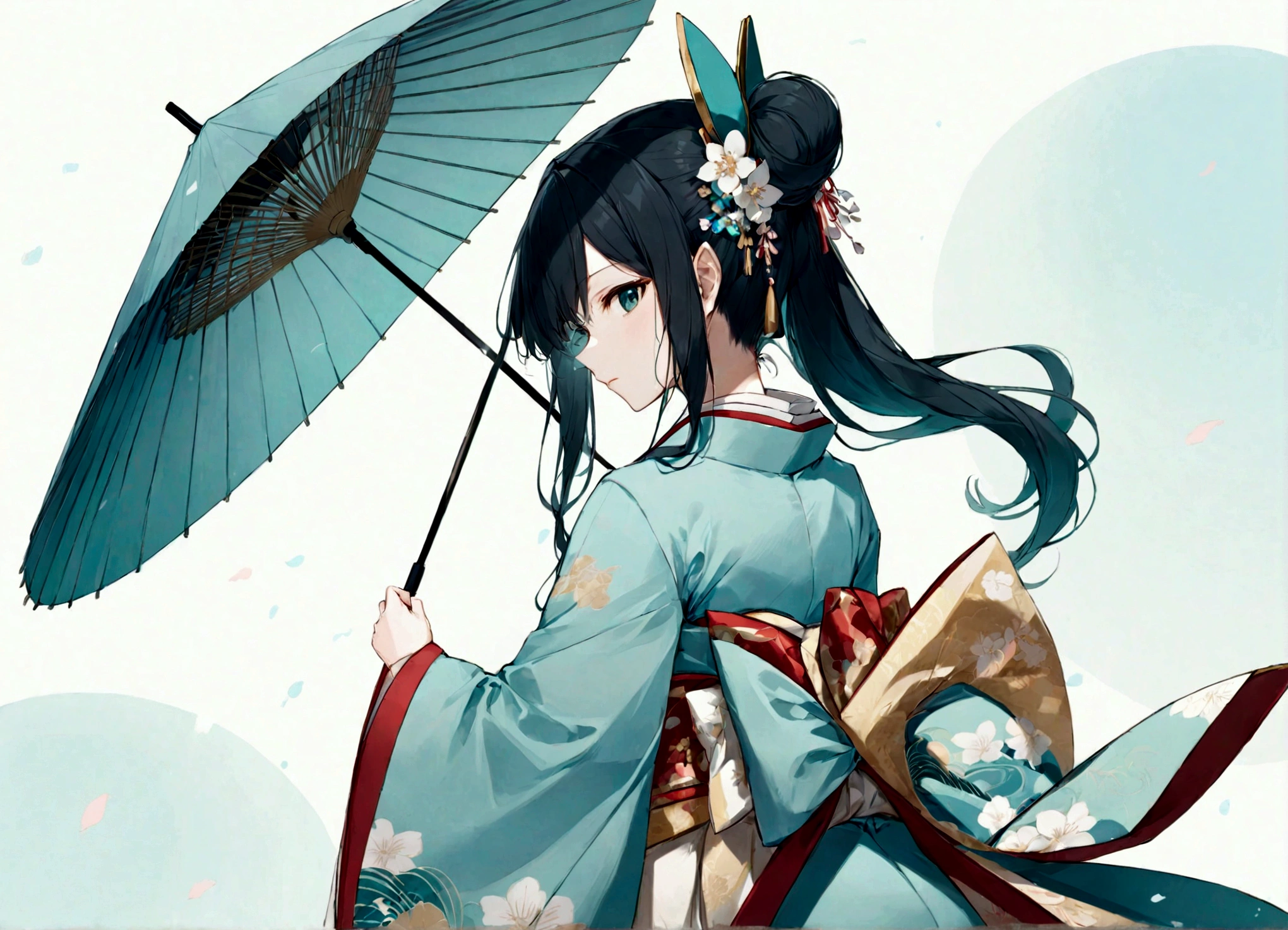 A woman in a blue kimono holding a parasol。Heian period。Standing with your back turned。Angle from the back。Hatsune Miku with black hair。