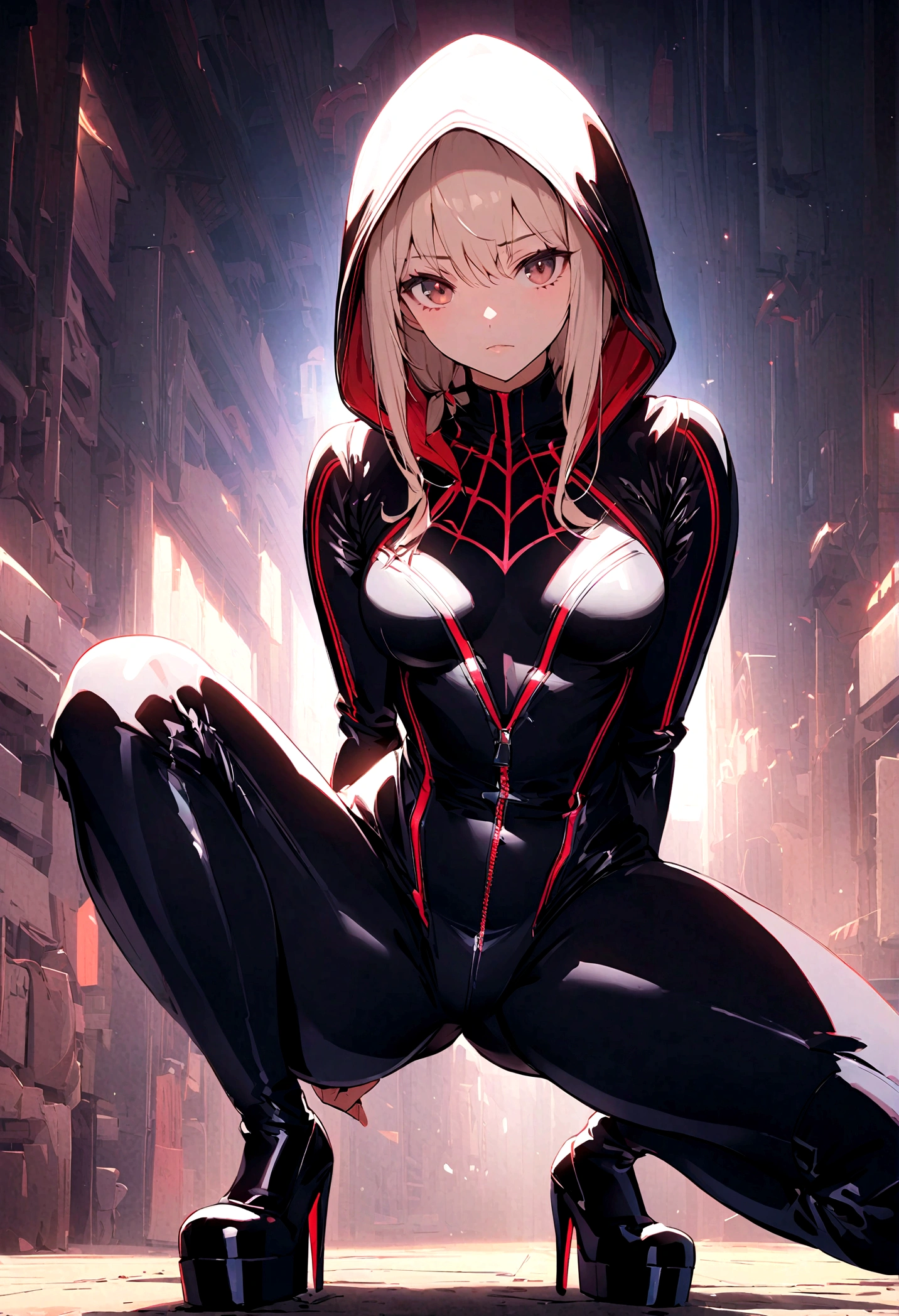 g_s, 1girl, hood, superhero suit,  looking at viewer, squatting, front view, spreading legs, superhero suit， platform heels, solo。anatomical correct