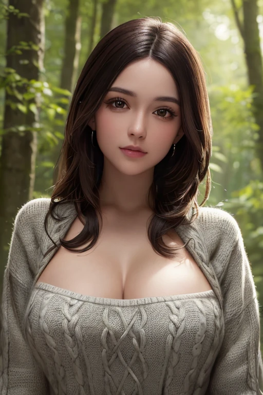 closeup headshot of S324_ArianaCortez,a beautiful woman,in a (forest:1.1),wearing a (tartan-sweater:1.1),(4k, RAW photo, best quality, depth of field, ultra high res:1.1),(absurdres, intricate, photorealistic, masterpiece, ultra-detailed:1.1), long straight brown hair, Big Breasts, G cup.