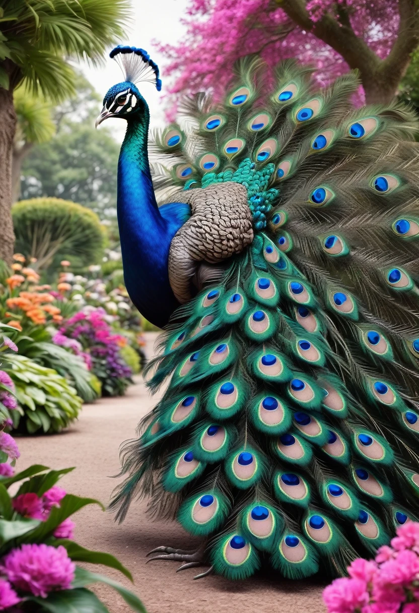 A majestic peacock displaying its colorful feathers in a lush, springtime botanical garden