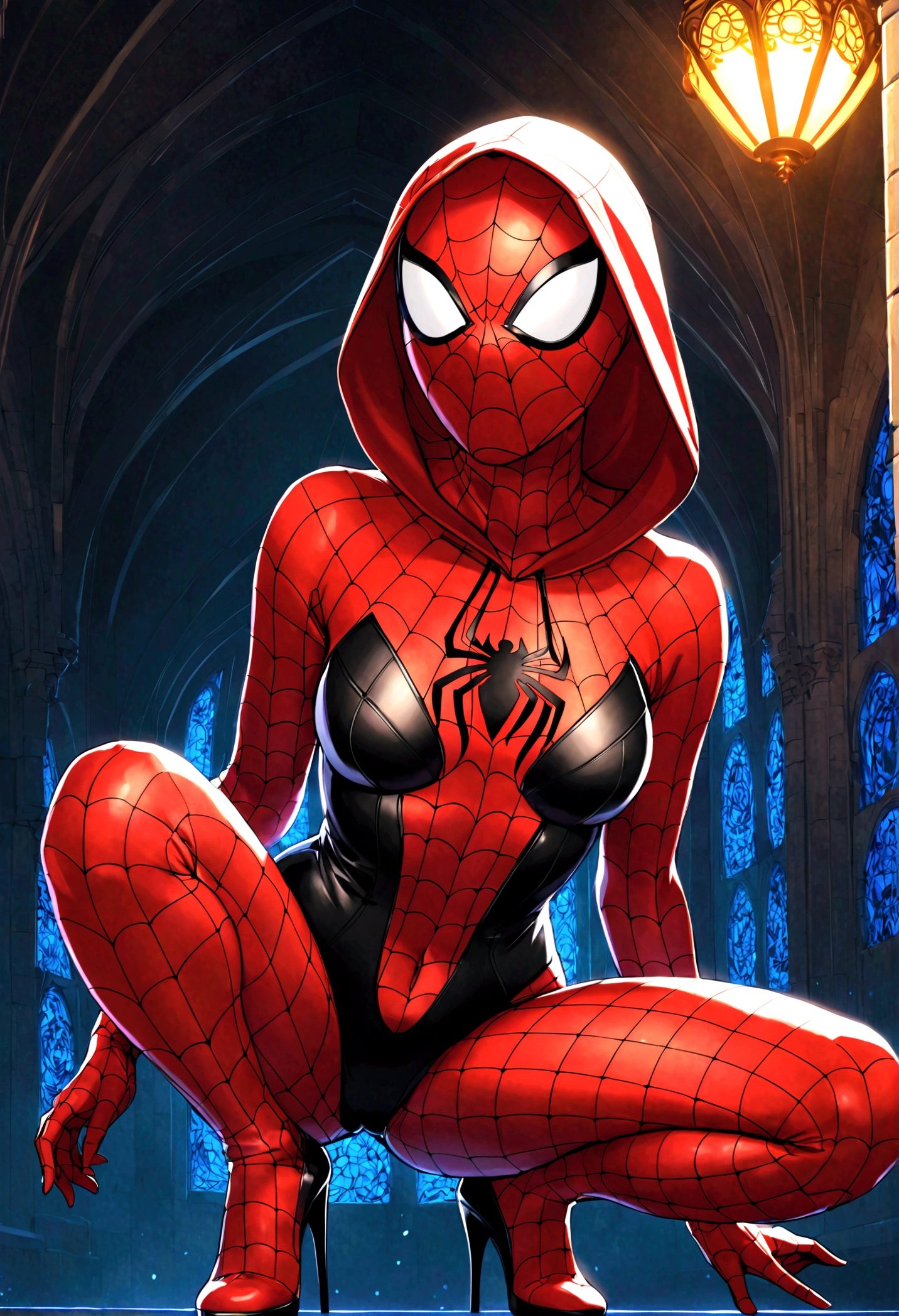 g_s, 1girl, hood, superhero suit, looking at viewer, squatting, front view, spreading legs, superhero suit， platform heels, solo。anatomical correct