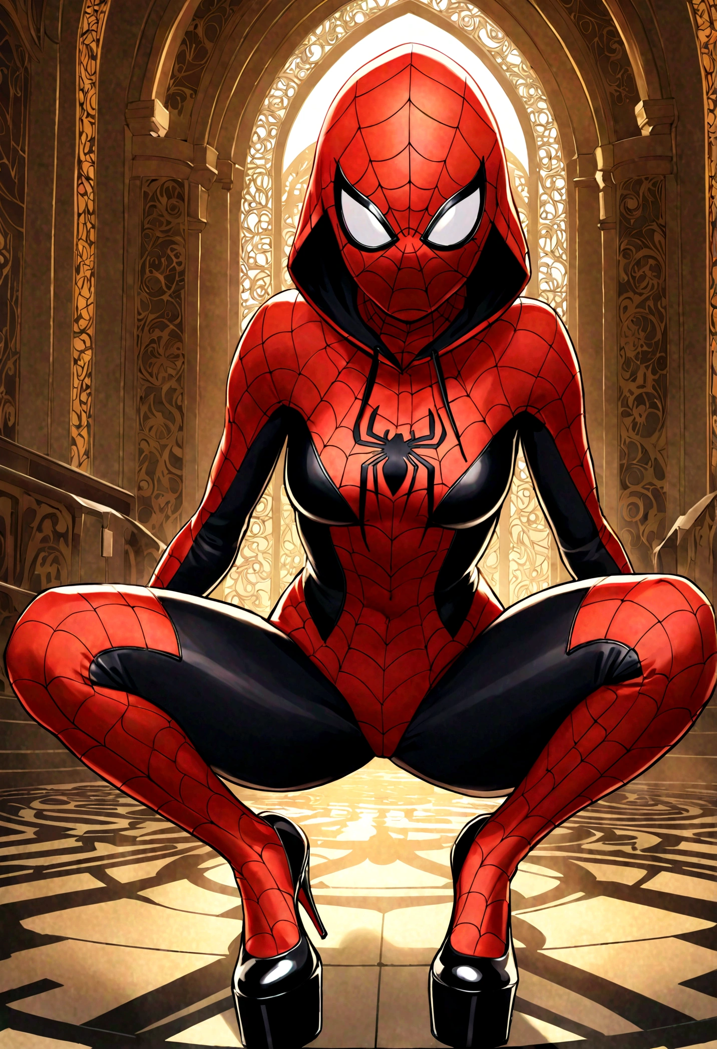 g_s, 1girl, hood, superhero suit, looking at viewer, squatting, front view, spreading legs, superhero suit， platform heels, solo。anatomical correct