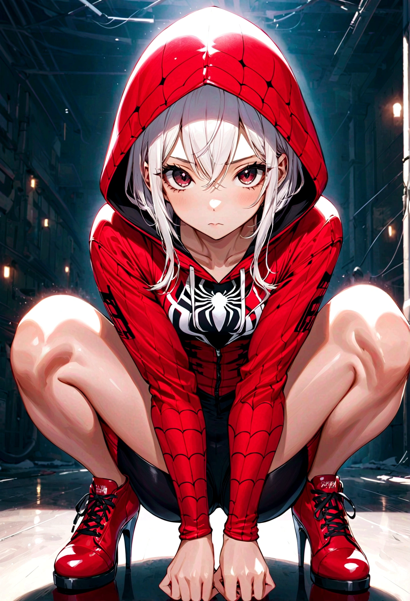 g_s, 1girl, hood, superhero suit, looking at viewer, squatting, front view, spreading legs, superhero suit， platform heels, solo。anatomical correct