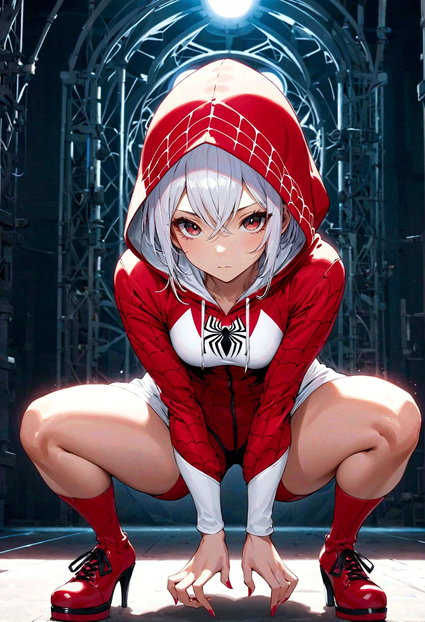 g_s, 1girl, hood, superhero suit, looking at viewer, squatting, front view, spreading legs, superhero suit， platform heels, solo。anatomical correct