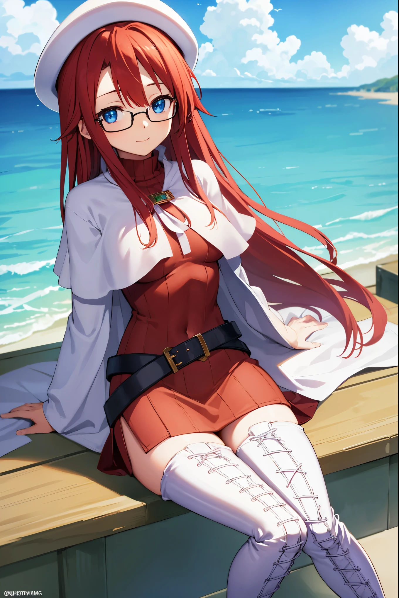 summonnightaty, aty, (young:1.3),long hair, blue eyes, red hair, big_tits, hat, glasses,
BREAK long hair, thighhighs, hat, dress, naked_legs, glasses, belt, cape, sweater, zettai ryouiki, beret, thigh boots, white footwear, ribbed sweater, loose belt,solo,
BREAK outdoors, fantasy,on_beach,
,Highquality_hads,perfect_fingers,
BREAK (masterpiece:1.2), best quality, high resolution, unity 8k wallpaper, (illustration:0.8), (beautiful detailed eyes:1.6), extremely detailed face, perfect lighting, extremely detailed CG, (perfect hands, perfect anatomy),covered_nipples,covered_navel ,half_eyes,long_sword,sleepy,standing,red_sweater,apart_knees,magical_effect,spread_legs, have_a_book,teacher,rise_knee,Smile,rise_hand,look_down_viewer,spread_arms,sea_waves,looking_into,blue_sky,sitting,plump,