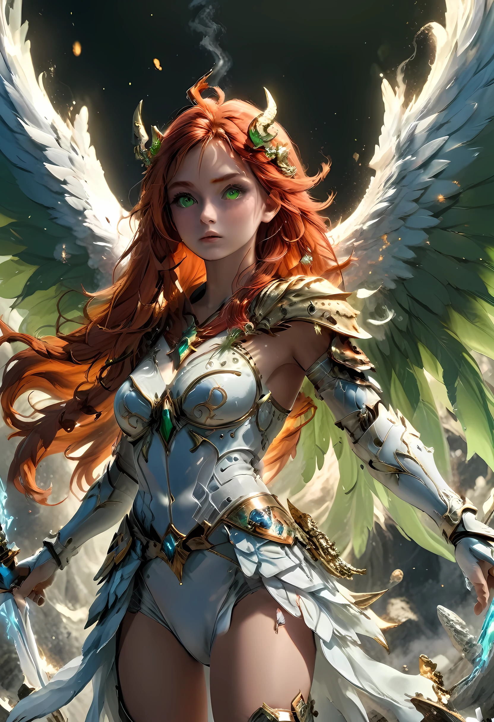 16k, ultra detailed, masterpiece, best quality, (extremely detailed), arafed, dnd art, panoramic view, full body, aasimar, female, (Masterpieceת intense details:1.3), female, sorceress, casting flaming spell(Masterpieceת intense details:1.3) large feathered wings,(azure: 1.3) angelic wings spread (Masterpieceת intense details:1.3), fantasy magical heaven background (Masterpieceת intense details:1.3), moon, stars, clouds, wearing white armor (Masterpieceת intense details:1.3), high heeled boots (Masterpieceת intense details:1.3), armed with staff, (red hair: 1.4), (green eyes: 1.4), intense eyes, ultra feminine, ultra detailed face, (Masterpieceת intense details:1.5), (anatomically correct: 1.5), determined face, divine light, cinematic lighting, soft light, silhouette, photorealism, panoramic view ((Masterpieceת intense details:1.3) , Wide-Angle, Ultra-Wide Angle, 16k, highres, best quality, faize, 3D rendering, angel