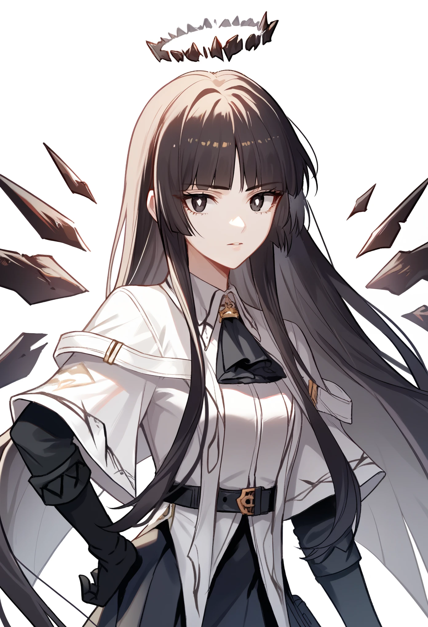 (score_9, score_8_up, score_7_up), source_anime, portrait, 1girl, solo, VirtuosaBase, black eyes, white pupils, long hair, hime cut, broken halo, black ascot, white shirt, capelet, black sleeves, black gloves, belt, black skirt, energy wings, standing, hand on hip, upper body, portrait, white background, simple background