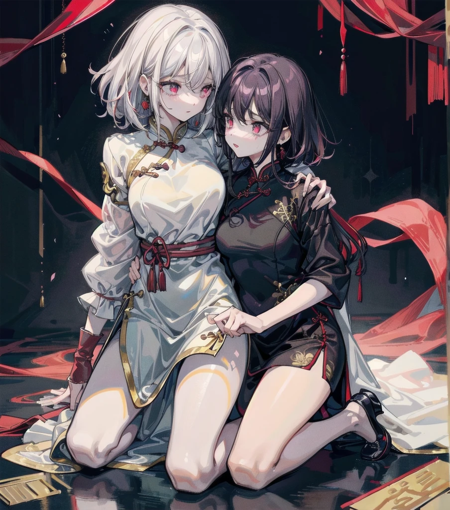 (((yuri))), (((2 girls))), ((cheongsam)), absurdres, RAW photo, extremely delicate and beautiful, masterpiece, Best Quality, ultra high resolution, 32k, hyperrealistic, ultra-detailed, detailed description, perfect anatomy, pale skin, 20 years old, detailed beautiful face and eyes, tearful mole, earring, short medium hair, wavy hair, random colored hair, full body shot, colossal tits,