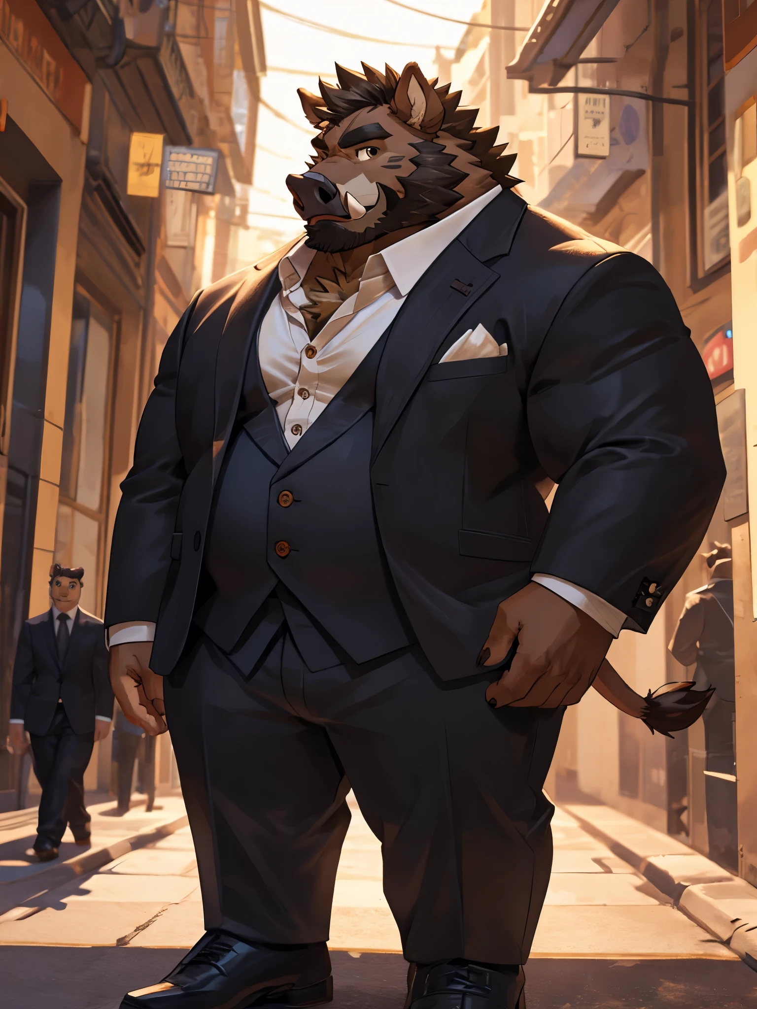 Anthropomorphic wild boar，have a fat belly，Succulent，Have chest muscles，brown hair，Standing on the street，Wear formal clothes，Wear a suit，A suit