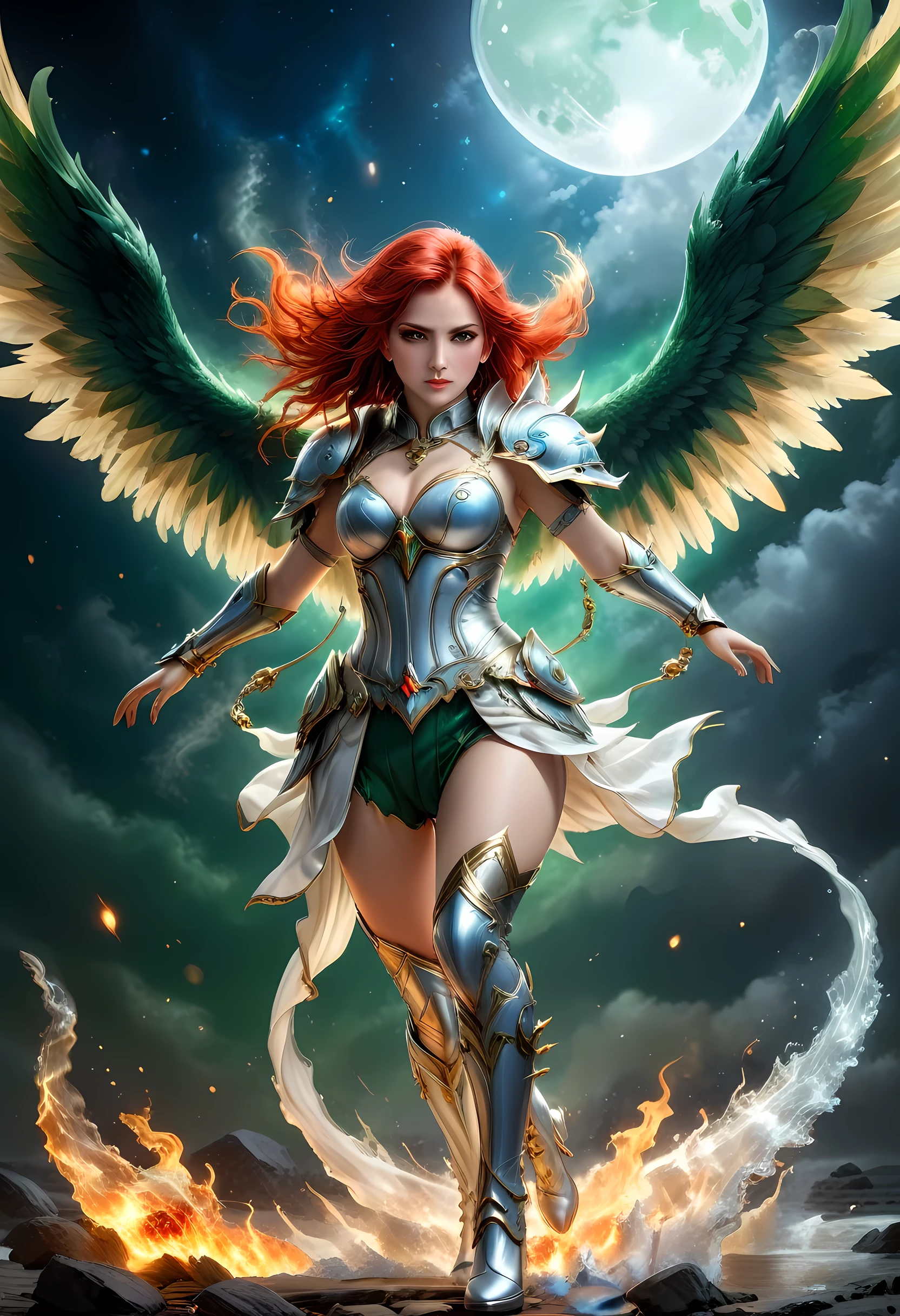 16k, ultra detailed, masterpiece, best quality, (extremely detailed), arafed, dnd art, panoramic view, full body, aasimar, female, (Masterpieceת intense details:1.3), female, sorceress, casting flaming spell(Masterpieceת intense details:1.3) large feathered wings,(azure: 1.3) angelic wings spread (Masterpieceת intense details:1.3), fantasy magical heaven background (Masterpieceת intense details:1.3), moon, stars, clouds, wearing white armor (Masterpieceת intense details:1.3), high heeled boots (Masterpieceת intense details:1.3), armed with staff, (red hair: 1.4), (green eyes: 1.4), intense eyes, ultra feminine, ultra detailed face, (Masterpieceת intense details:1.5), (anatomically correct: 1.5), determined face, divine light, cinematic lighting, soft light, silhouette, photorealism, panoramic view ((Masterpieceת intense details:1.3) , Wide-Angle, Ultra-Wide Angle, 16k, highres, best quality, faize, 3D rendering