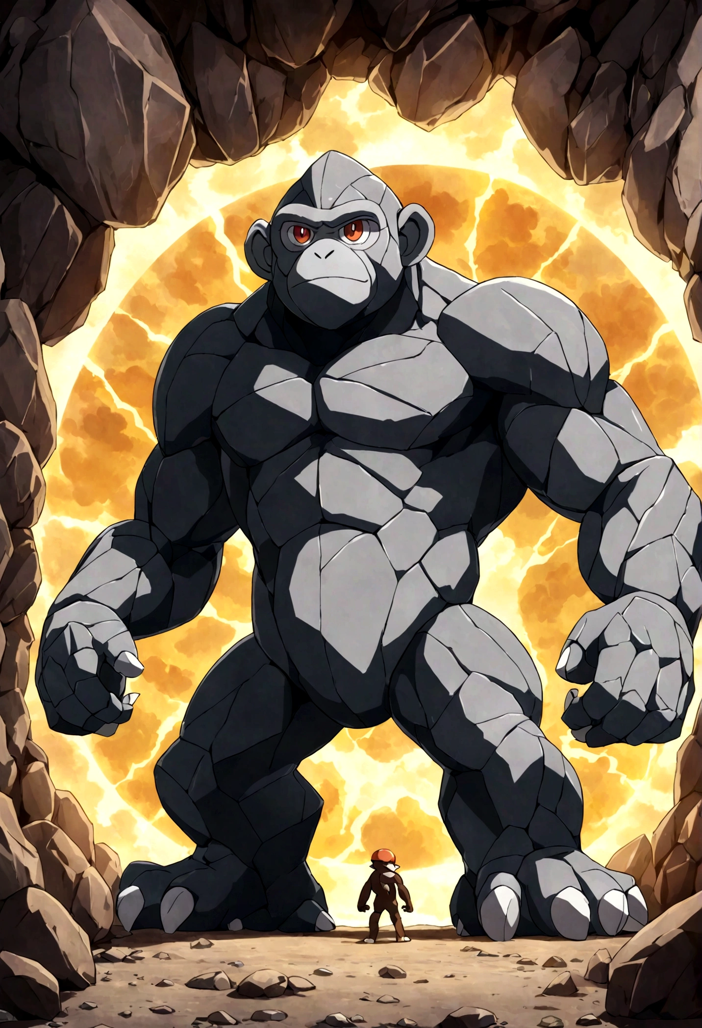 in the style of pokemon, rock statue-like monkey golem legendary pokemon, rock type golem pokemon with rock body, enlightened monkey pokemon