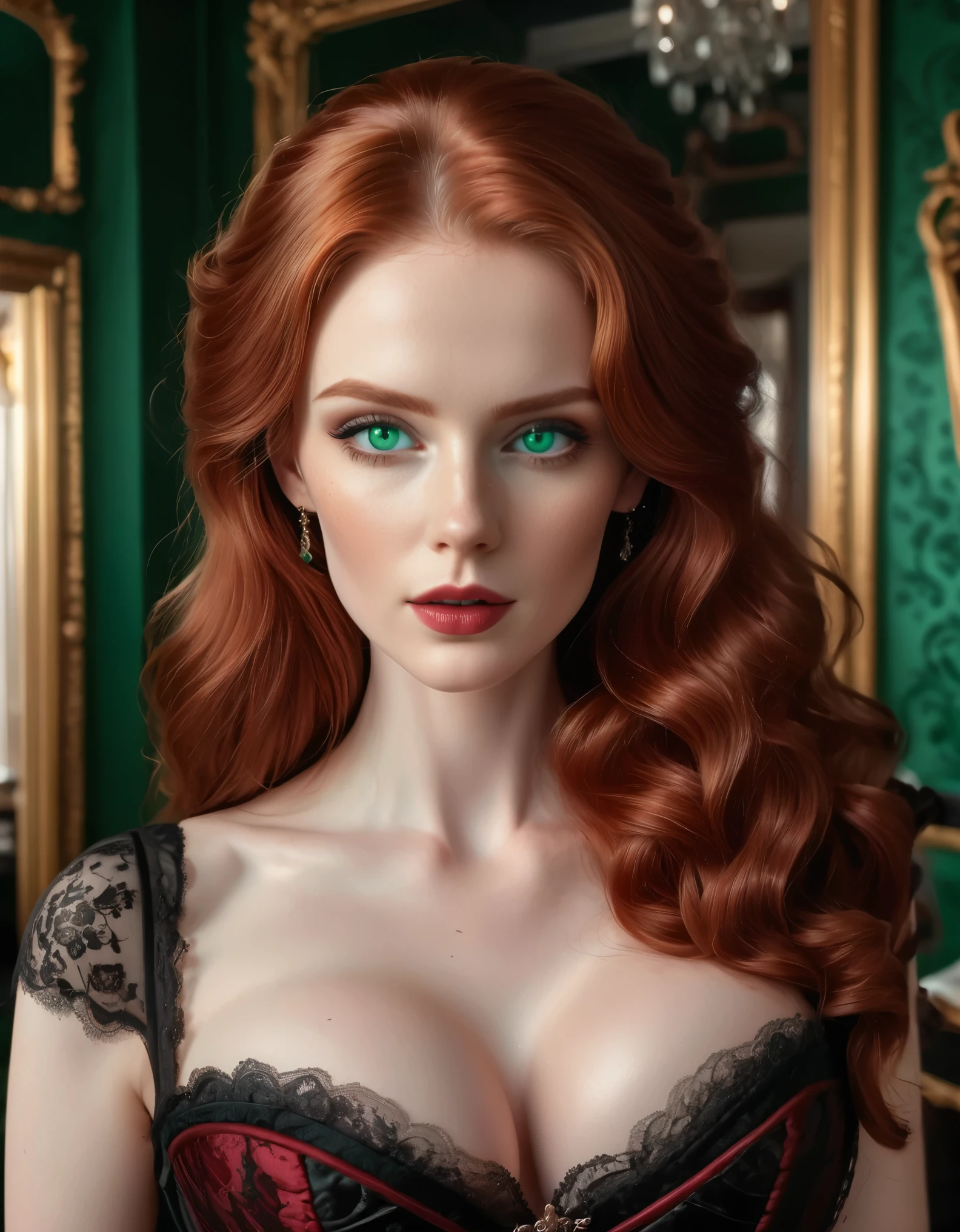 Craft a professional photoshoot highlighting the beauty of a slender woman with long wavy voluminous red hair and emerald green eyes, elegantly adorned in an ornate detailed corset (Duotone [red and black]:1.5), set against the backdrop of a lavishly decorated luxury Victorian bedroom. Perfect realistic skin and hands. Ultra realistic photo, vibrant colors, 8k