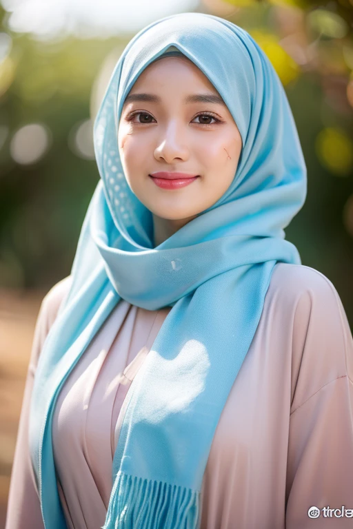 (((high detailed skin,visible pores))), dreamlike, (ulzzang-6500-v1.1:0.5),pureerosface_v1:0.2, face close-up, 1 girl, tall body, slim faces, body abs:1.2, Luna Maya, 30 years old, blushing, hijab ( the hijab covered the hair ), (8K, raw photo, highest quality, flying fragments: 1.2), (reality, realita: 1.4), sharp focus on something big, slim faces, (large breasts: 1.3), shy smile, visible pores, cinematic lighting, bright light, eye beauty details, shiny and smooth skin, red lipstick, shiny skin, super dense skin, high resolution, complicated hijab, detailed style, detailed beauty face, very realistic, perfect body parts, perfect anatomy, 1 Japanese girl, famous Japanese idol, perfect female body, beautiful eyes, short eyelashes, double eyelids, look straight towards here, wearing white scrunchie, wearing a long dusty blue Malay gamis, walking, standing upright and facing me, so the whole body can be seen, autumn season, abaya clothes, looking straight at me, wearing a scarf, view of the flowers garden, brick road, focus look at me