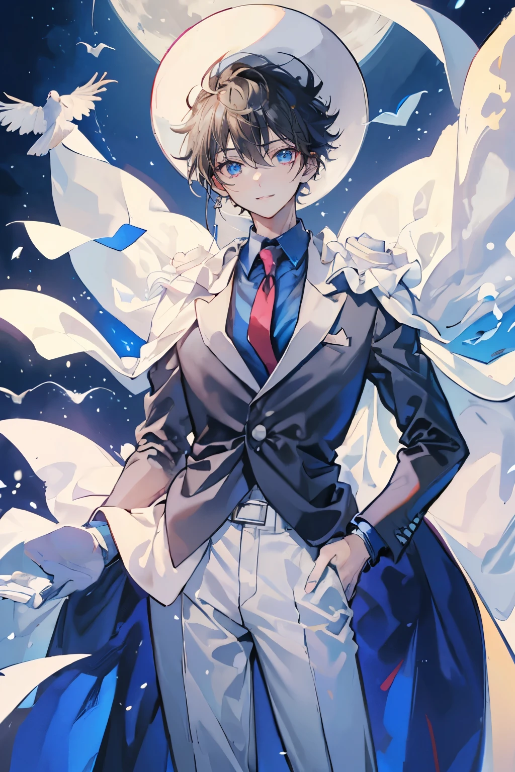 (Mastepiece), (Best Quality), Very detailed, (( boy:1.5)), Perfect Face, Beautiful Face, Very detailedな顔,(Black short hair:1.3),((White Suit 1.4))、(Blue Shirt)、(Pink tie)、((White Top Hat 1.4))、((White Cape:1.4))、(White Gloves 1.4)、(Monocle 1.3)、(Playing cards 1.2)、(White Moon:1.4)、(Night Sky:1.5)、(White Dove:1.3)、magician、(Smiling with teeth showing:1.3)