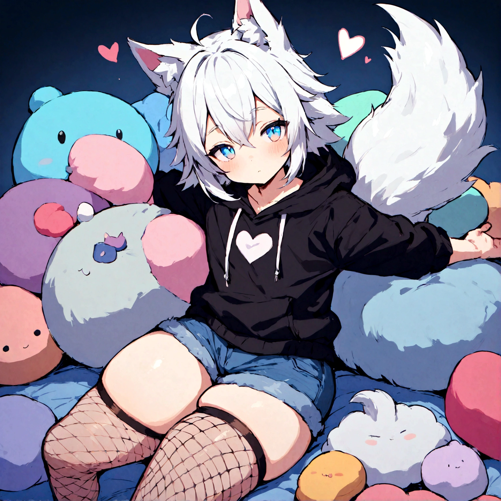 a cute adult male with wolf ears, white hair, has a wolf tail, wearing a loose cropped oversized black hoodie, wearing a pair of denim short shorts and fishnet stockings, thick thighs, wide hips, relaxing on mound of fluffy multi colored kawaii plushies, short, very slim, showing slender tummy, stretching out, heart on hoodie, squishy thighs, has glowing blue eyes. alone, solo (ALONE)(SOLO)