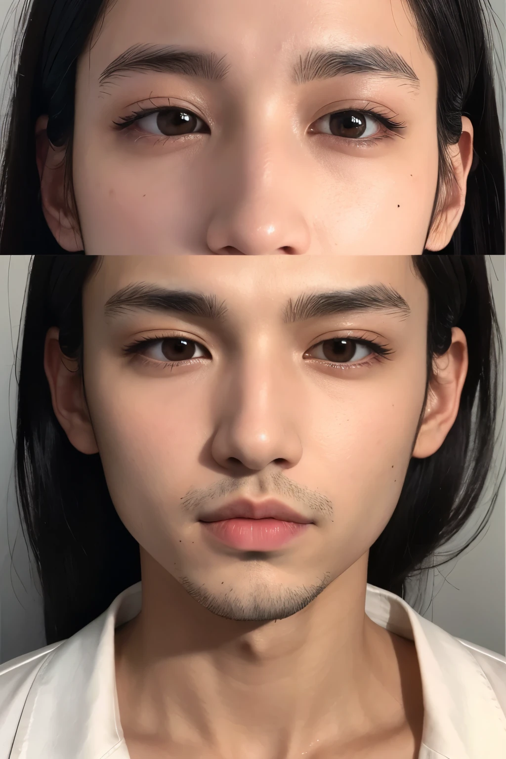Male with large double eyelids、High nose and thin lips、There are many small moles around the mouth、the skin is only slightly black,