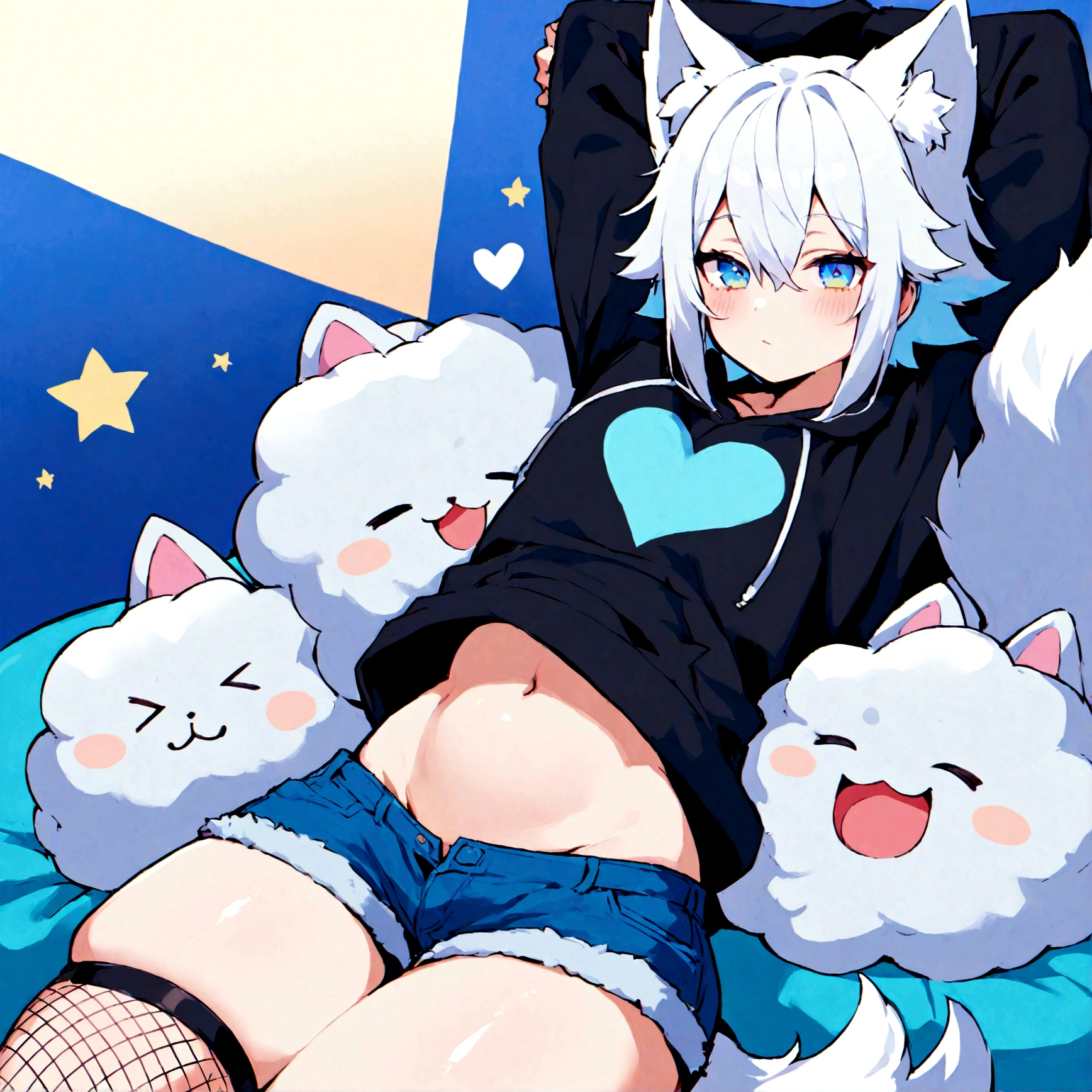 a cute adult male with wolf ears, white hair, has a wolf tail, wearing a loose cropped oversized black hoodie, wearing a pair of denim short shorts and fishnet stockings, thick thighs, wide hips, relaxing on mound of fluffy multi colored kawaii plushies, short, very slim, showing slender tummy, stretching out, heart on hoodie, squishy thighs, has glowing blue eyes. alone, solo (ALONE)(SOLO)