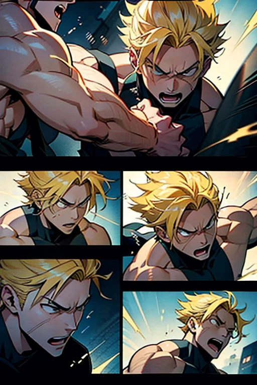 Anime guy with blonde hair fighting and getting hit, intense fight scene and close up detailed expressions, manga page with panels and dialogue 