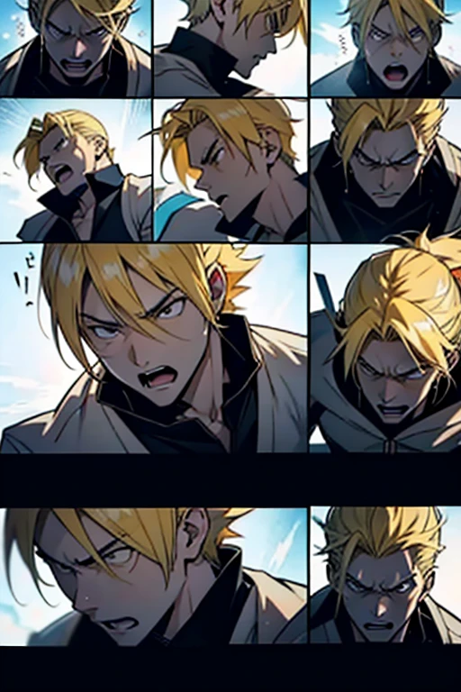 Anime guy with blonde hair fighting and getting hit, intense fight scene and close up detailed expressions, manga page with panels and dialogue