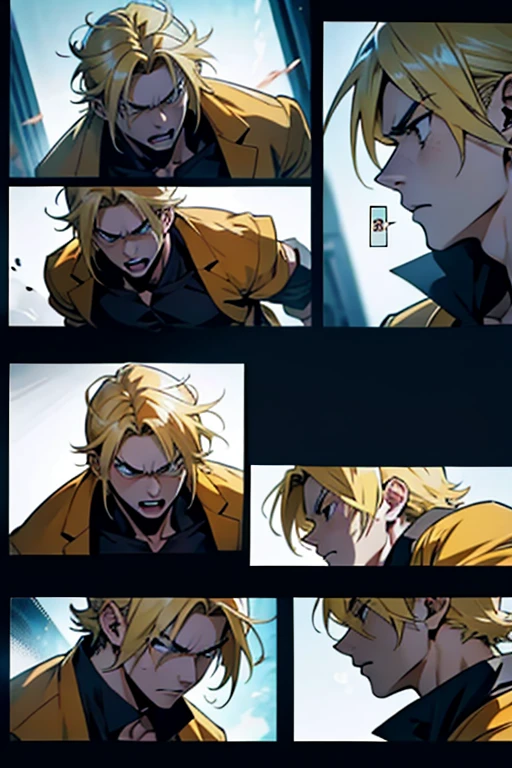 Anime guy with blonde hair fighting and getting hit, intense fight scene and close up detailed expressions, manga page with panels and dialogue 
