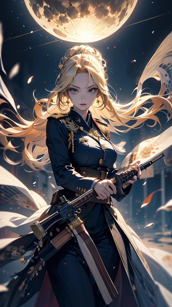masterpiece, high quality, 4K, Beautiful design, silhouette,blonde, 非常に詳細な夜のStarry Sky,Flower Field, wonderful, Finer details, Very knowledgeable woman, Highly detailed solo, 1 female,Big Breasts,White military uniform,Military Fashion,Firearms equipment,Night view,Starry Sky,full moon,