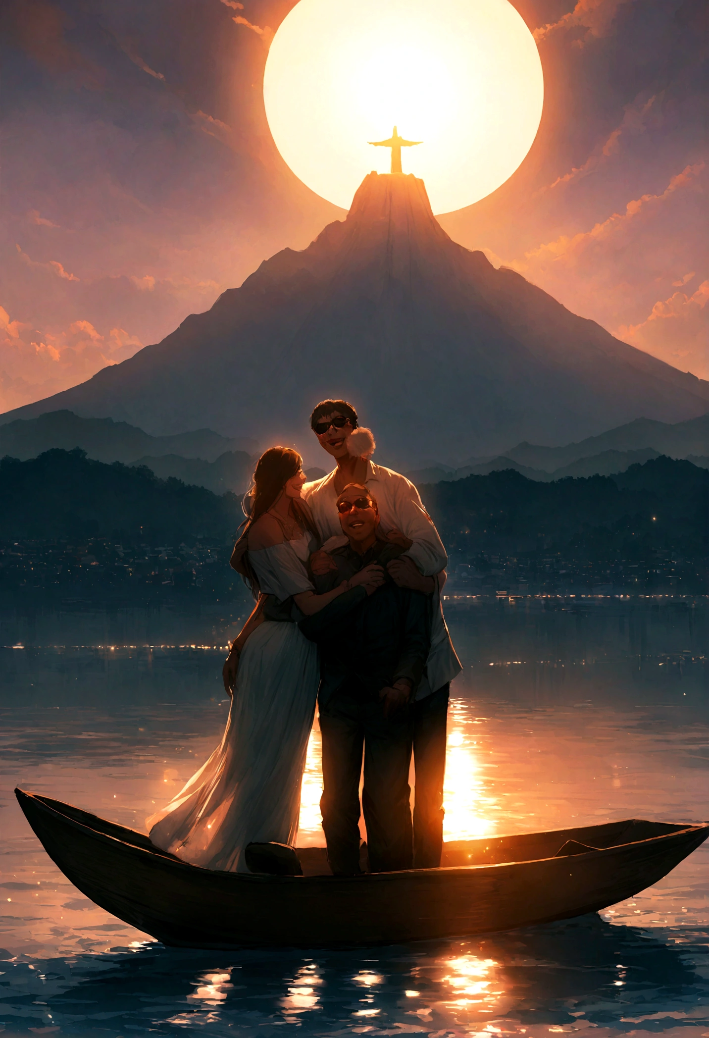 Realistic image of a group of people with physical disabilities taking a boat trip through Guanabara Bay, no Rio de Janeiro. They've got the boat all to themselves, gliding gently through the calm waters. The sun shines in the sky, criando um brilho dourado sobre a cidade. Uma pessoa usa muletas, someone else is a dwarf, another person wearing sunglasses and smiling, another person of advanced age, another person in a wheelchair and a couple of black people hugging each other happily. Everyone enjoying the stunning landscape of Sugarloaf Mountain and Christ the Redeemer in the background. They share laughter and intimate conversations, aproveitando a privacidade e a serenidade do momento. Love blooms as they embrace, Celebrating the special connection they have with each other.
