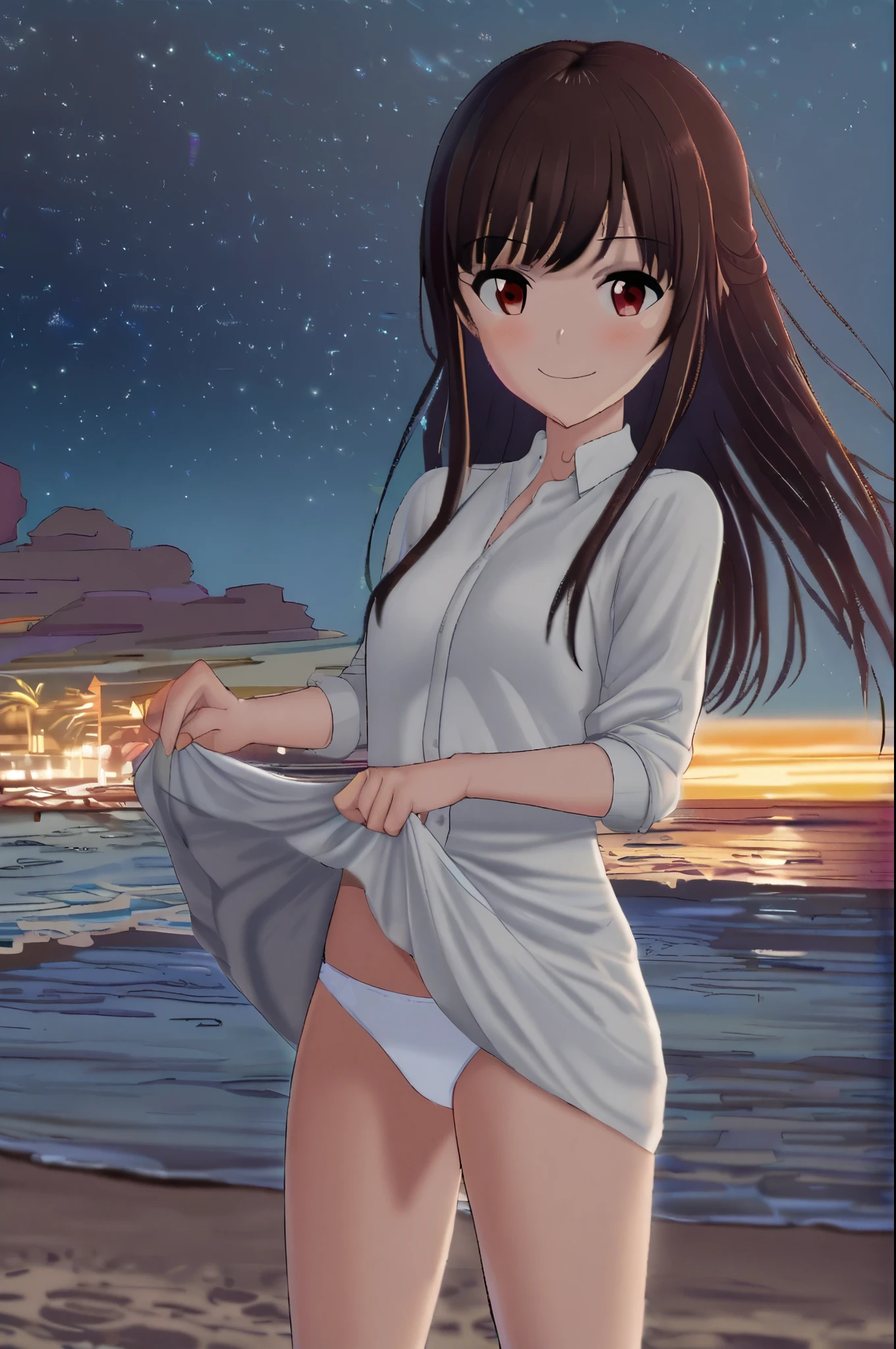 1 adult girl, smiling, lifting her skirt with her hands showing her white panties, beach, night,