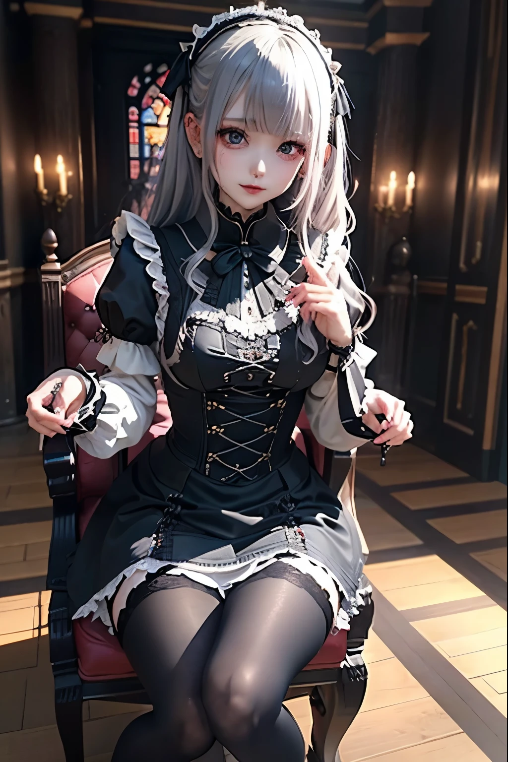 ハードDark Gothicメイク、Deep Night Sky、Horror、Black dark eyeshadow、sad、Good skin radiance、Dark Gothicメイク、Dark smile、palace、24-years-old、Embarrassed look、Dark Gothic、Obscene language、highest quality、Drunk face、紫のMaid clothes、Mysterious、Noble、sexy、Loving smile、Right blue eye, Left eye is red、Platform Heel Shoes、Heavy makeup、Gothic Lolita Clothing、Silver Hair、Long Hair Straight Hair、Cute Gothic Lolita Dress、Beautiful Face、elegant features、Fascinating face、Stained glassが背景、Chest glistening with sweat、The room is dark、gothic long dress、Bell Sleeves、Wizard Sleeve、Decadent look、Sexually excited expression、Glossy thighs wet with water、Thighs that are wet and shiny with oil、Background of a room full of roses、The embroidery is pink、The dress has pink embroidery、Thigh-high socks、Knee-high socks、Gentle expression、Dark black eyeshadow、Stained glassと薔薇背景、Female Duo、Female couple、dark church background、Stained glass、Black metal world、Dark Castle、Slender body、gothic long dress、Maid clothes、Victorian dresses、Her thighs glisten with sweat、My body is wet and shiny、Lots of glitter on the thighs、My thighs are sticky from sweating、Sweat glistens on the thighs, The whole body is sweaty and shiny、Quite sweaty、My thighs are sweaty、My thighs are so wet、My thighs are shining with sweat、A lot of sweat glistens all over the body、Small breasts、Orchestra StageStage、Dynamic Angle、sitting on a gothic chair、Play the violin gracefully、With a violin、Press the violin strings、violinist、orchestra performance、Thin thighs、slender、Violin body and strings、Sit on a chair、pantyhose、
