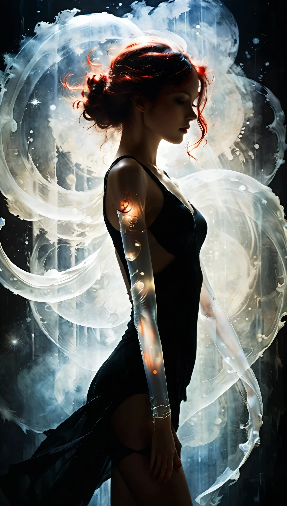 (in style of John Bauer:0.8),in style of Ashley Wood,in style of Lillian Bassman,
1girl,(black silhouette body:1.2),(translucent arms:3.0),it was as if there was a nebula swirling in it,(nebula's glowing arms:1.3),black_background,character cutout,red eyes,
BREAK
Detailed,(darkness:1.4),(very detailed shadows:1.3),absolute shadows,absolute darkness,absurd forms of artistic expression,