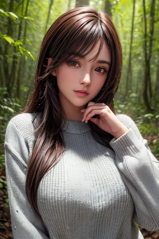 closeup headshot of S324_ArianaCortez,a beautiful woman,in a (forest:1.1),wearing a (tartan-sweater:1.1),(4k, RAW photo, best quality, depth of field, ultra high res:1.1),(absurdres, intricate, photorealistic, masterpiece, ultra-detailed:1.1), long straight brown hair, Big Breasts, G cup.