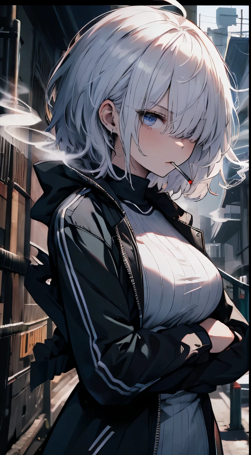 (highest quality,4K,High resolution,masterpiece:1.2),Super detailed, Adult female, Short white hair, Iris, Ahoge, Black suit, Night Sky City,  On top of a building,Arms crossed, Eye patch, smoking,