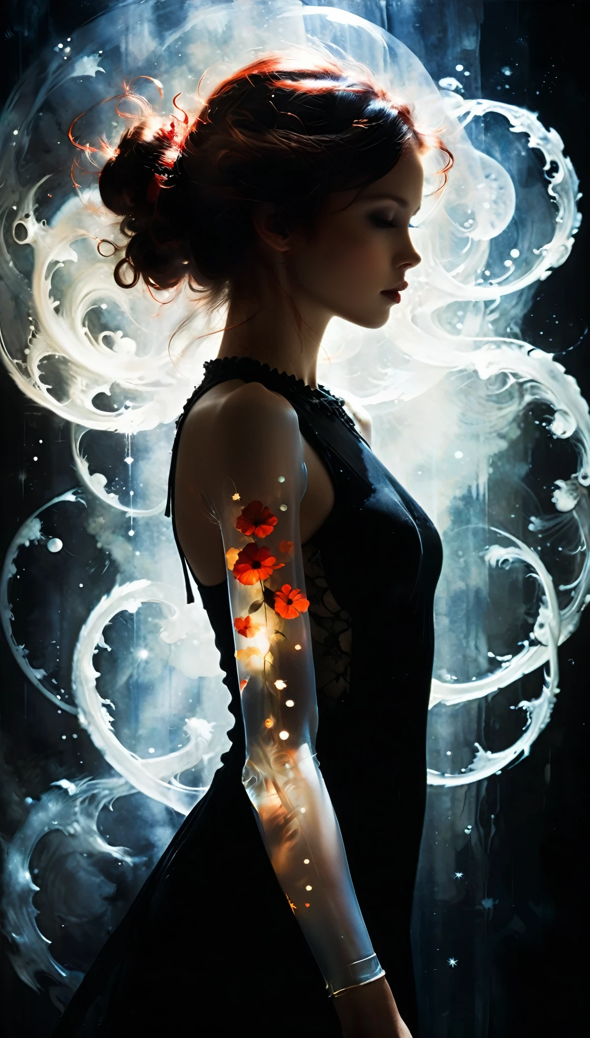 (in style of John Bauer:0.8),in style of Ashley Wood,in style of Lillian Bassman,
1girl,(black silhouette body:1.2),(translucent arms:3.0),it was as if there was a nebula swirling in it,(nebula's glowing arms:1.3),black_background,character cutout,red eyes,
BREAK
Detailed,(darkness:1.4),(very detailed shadows:1.3),absolute shadows,absolute darkness,absurd forms of artistic expression,