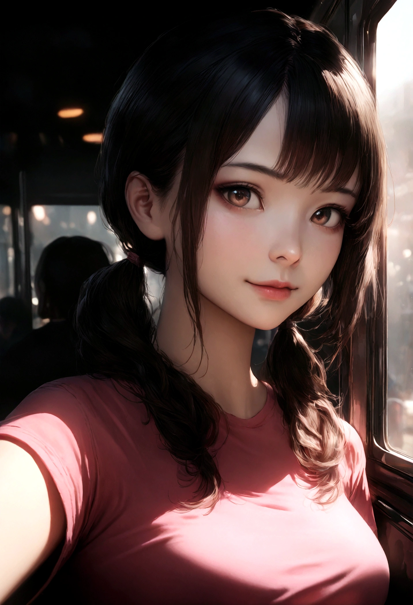 realistic photos of cute Korean star female, uneven twintails, thin makeup, medium breasts size, slightly smile, color t-shirt, in the bus, clear facial features ofsharp and realistic details, Sony FE, 35mm, cinematic lighting, high details, UHD, high quality, HD, 8k, 16k