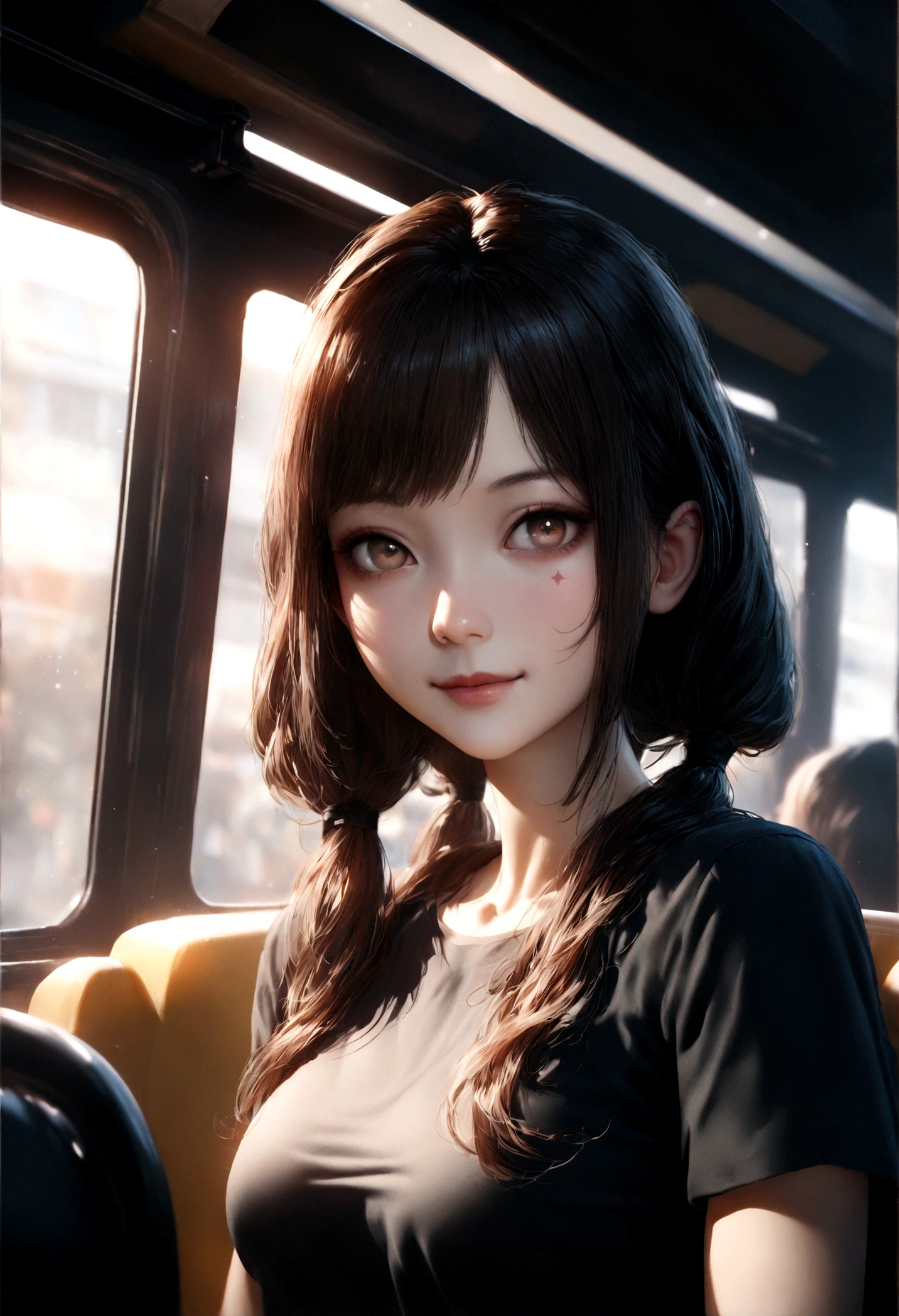 realistic photos of cute Korean star female, uneven twintails, thin makeup, medium breasts size, slightly smile, color t-shirt, in the bus, clear facial features ofsharp and realistic details, Sony FE, 35mm, cinematic lighting, high details, UHD, high quality, HD, 8k, 16k