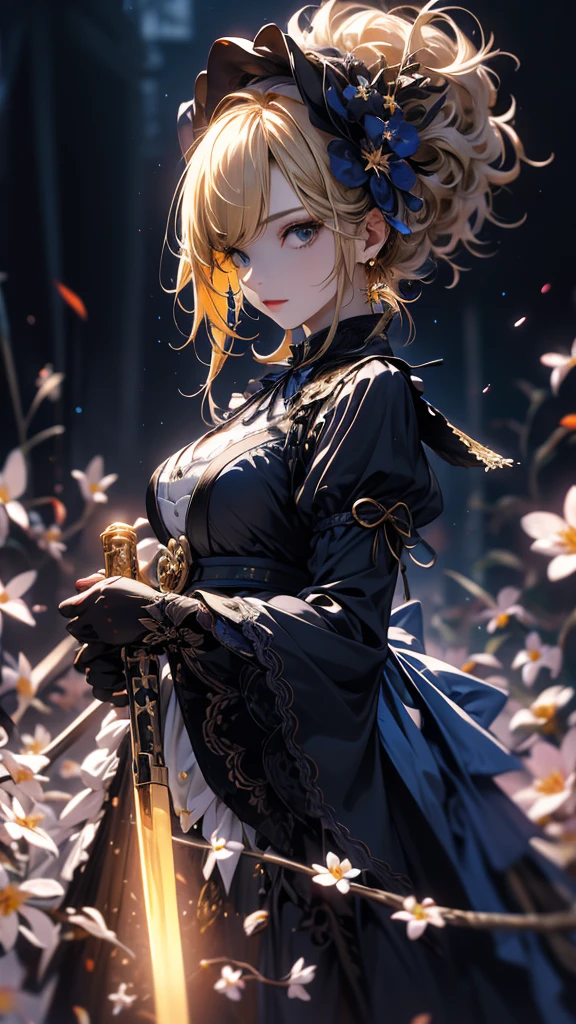 masterpiece, high quality, 4K, Beautiful design, silhouette，blonde， 非常に詳細な夜のStarry Sky,Flower Field， wonderful, Finer details,  Very knowledgeable woman, Highly detailed solo, 1 female,Big Breasts，Gothic Lolita Fashion，２Holding a gun in front of his chest.，Night view，Starry Sky，full moon，