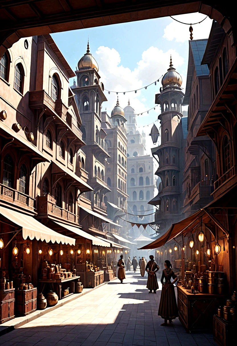 indian steampunk scene(marketplace, houses, streets)