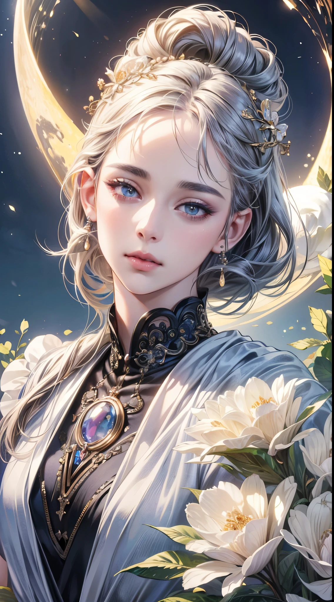 (best quality,4k,8k,highres,masterpiece:1.2),ultra-detailed,(realistic,photorealistic,photo-realistic:1.37),1girl,beautiful detailed eyes,beautiful detailed lips,extremely detailed face and eyes,long eyelashes,goddess of the moon,welcoming expression,exquisite facial features,floral scent,ethereal,dramatic lighting,vibrant colors,fantasy,digital art