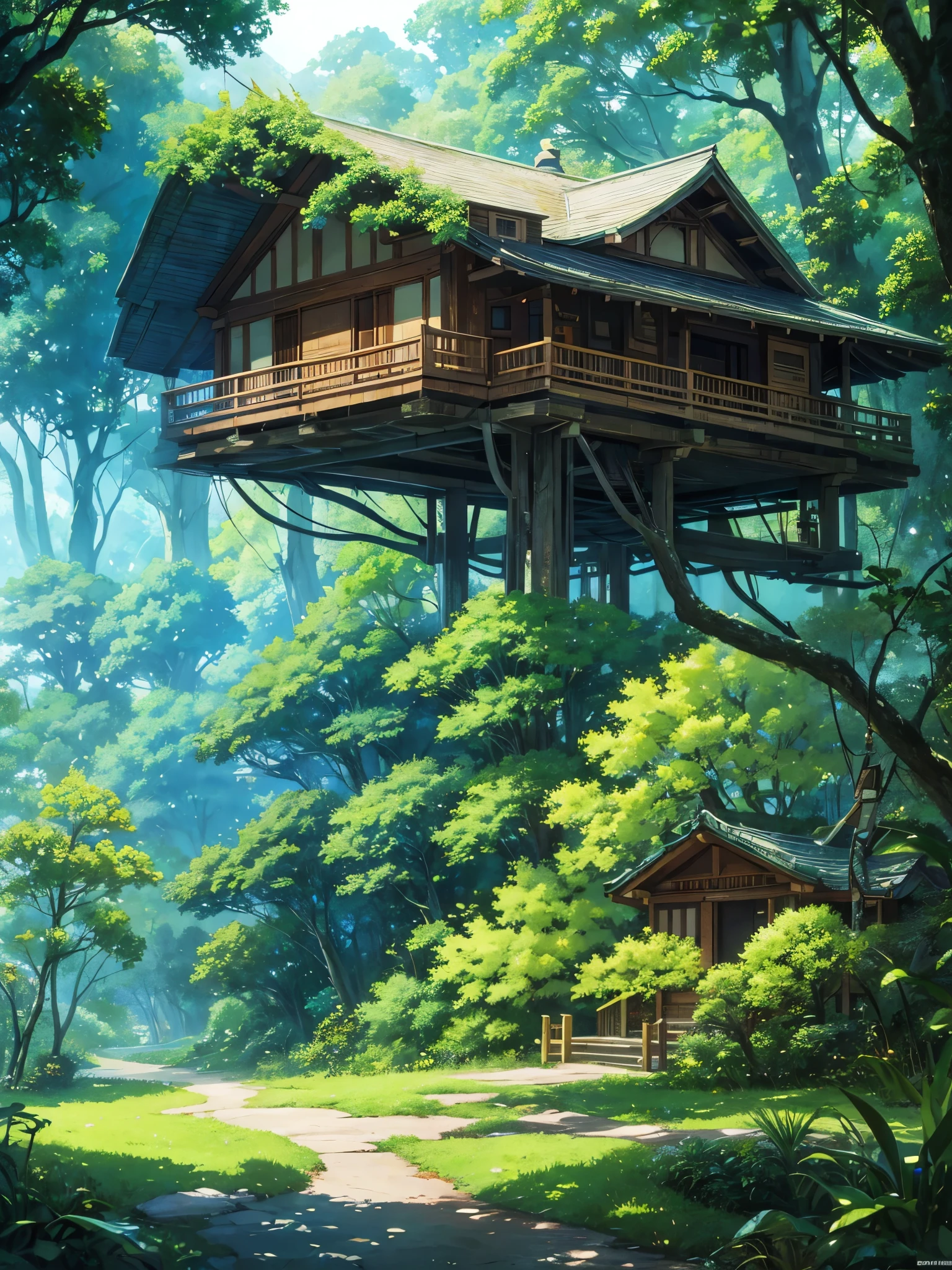 a painting of a house in the woods with a porch, anime background art, beautiful detailed scene, beautiful anime scene, relaxing concept art, studio ghibli environment, anime nature, anime nature wallpap, beautiful anime scenery, magical environment, peaceful lushious forest, jungle setting, immensely detailed scene, art nouveau jungle environment, relaxing environment, anime background, beautiful environment